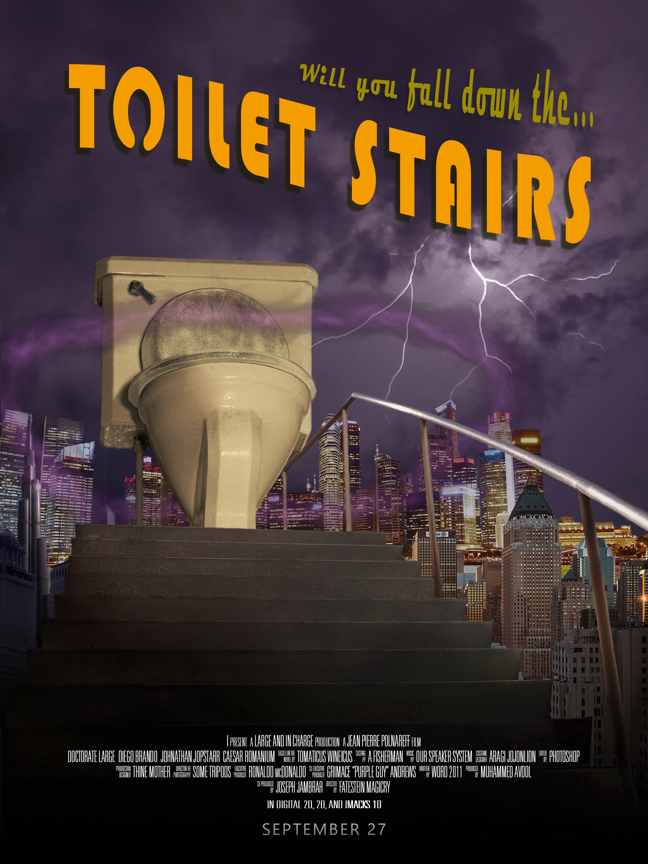 A toilet on a set of stairs overlooks a cityscape. The title 